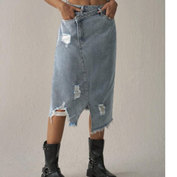 Denim Distressed Midi Skirt Western Cowgirl Boho Raw Hem SHEIN Curve 0XL or 12 - Picture 2 of 14